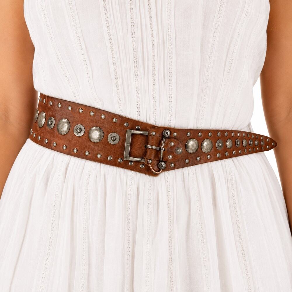 Topaz Brown Genuine Leather Studded Made in Italy Vintage Belt